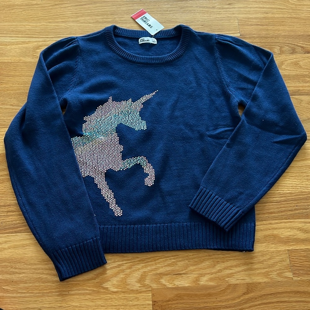 NWT navy blue sweater with unicorn design on front - size L